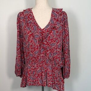Chaps Red and Blue Paisley Ruffle V-Neck Blouse